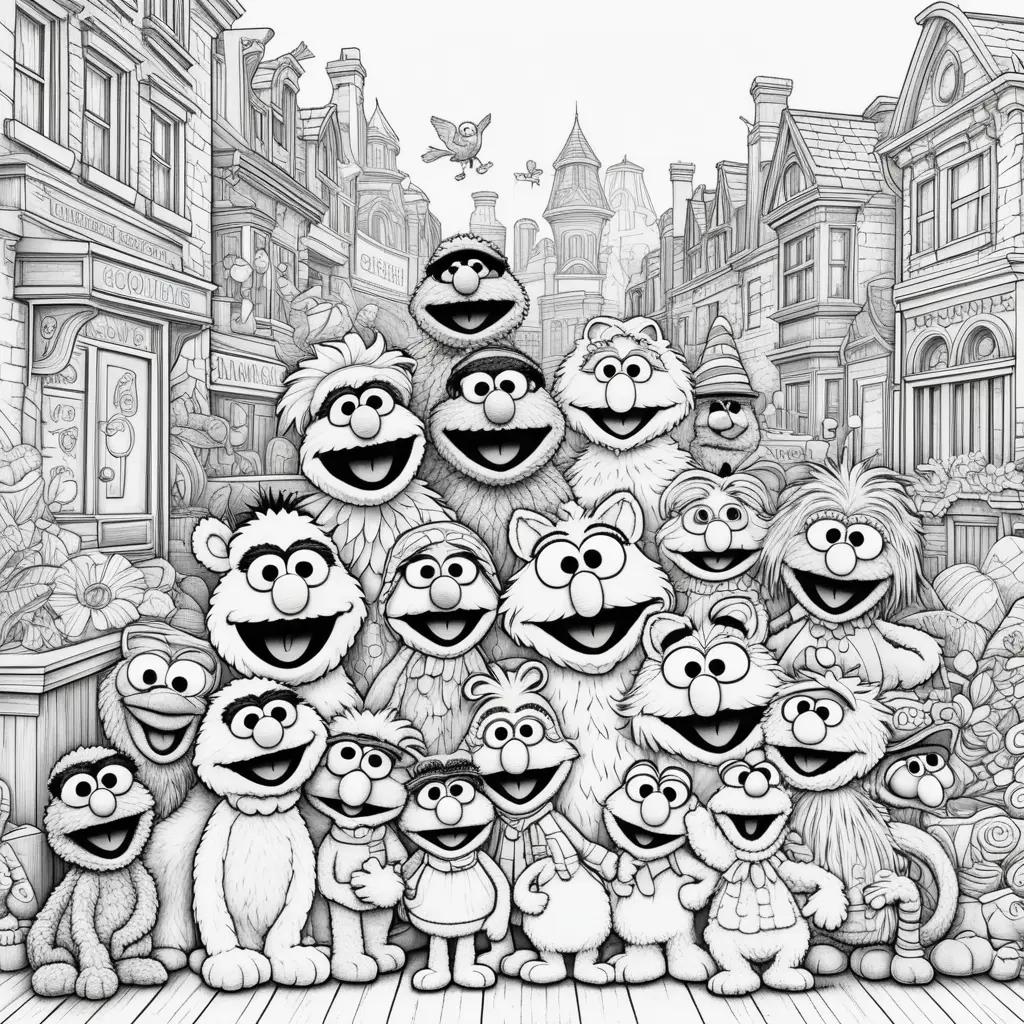 Sesame Street coloring pages featuring the gang in a city scene