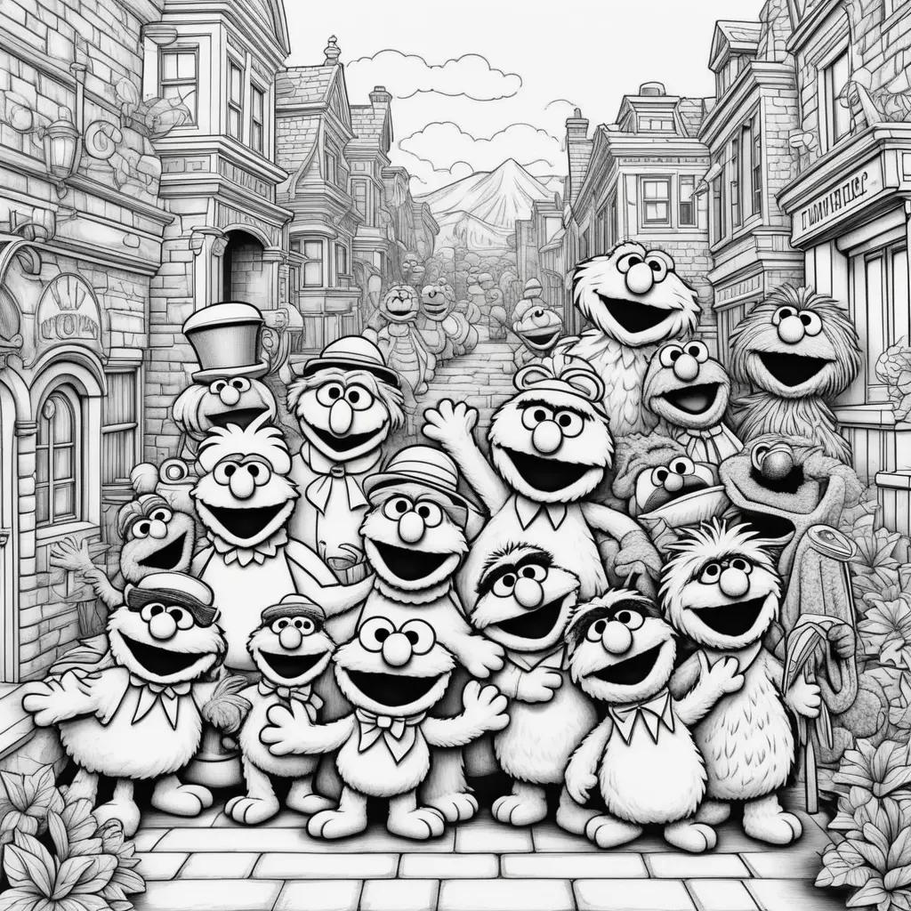 Sesame Street coloring pages of the Muppets in a black and white style