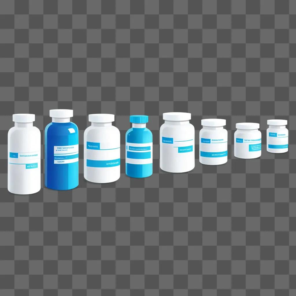 Seven bottles of medicine on a blue background