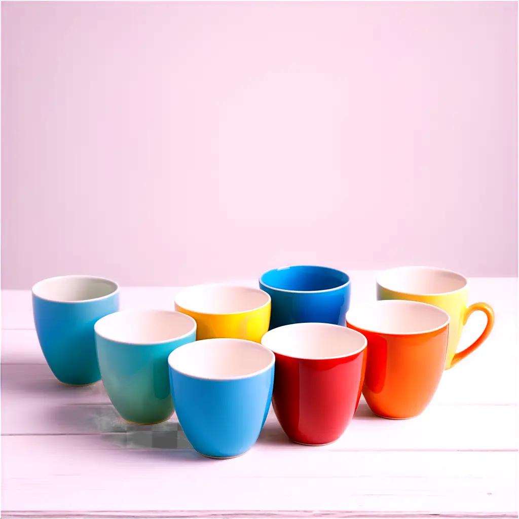 Seven colorful cups sit on a pink table