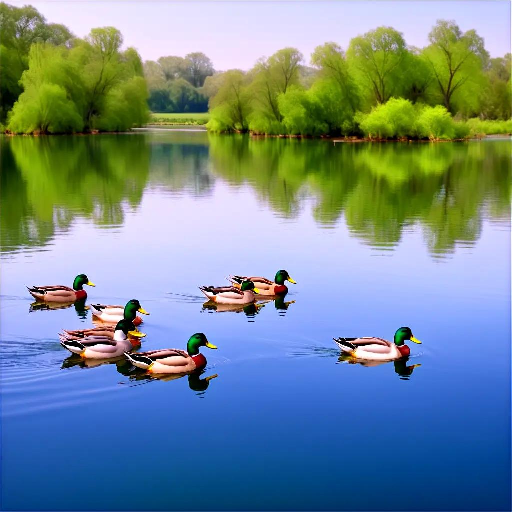 Seven ducks swim on a lake surrounded by trees