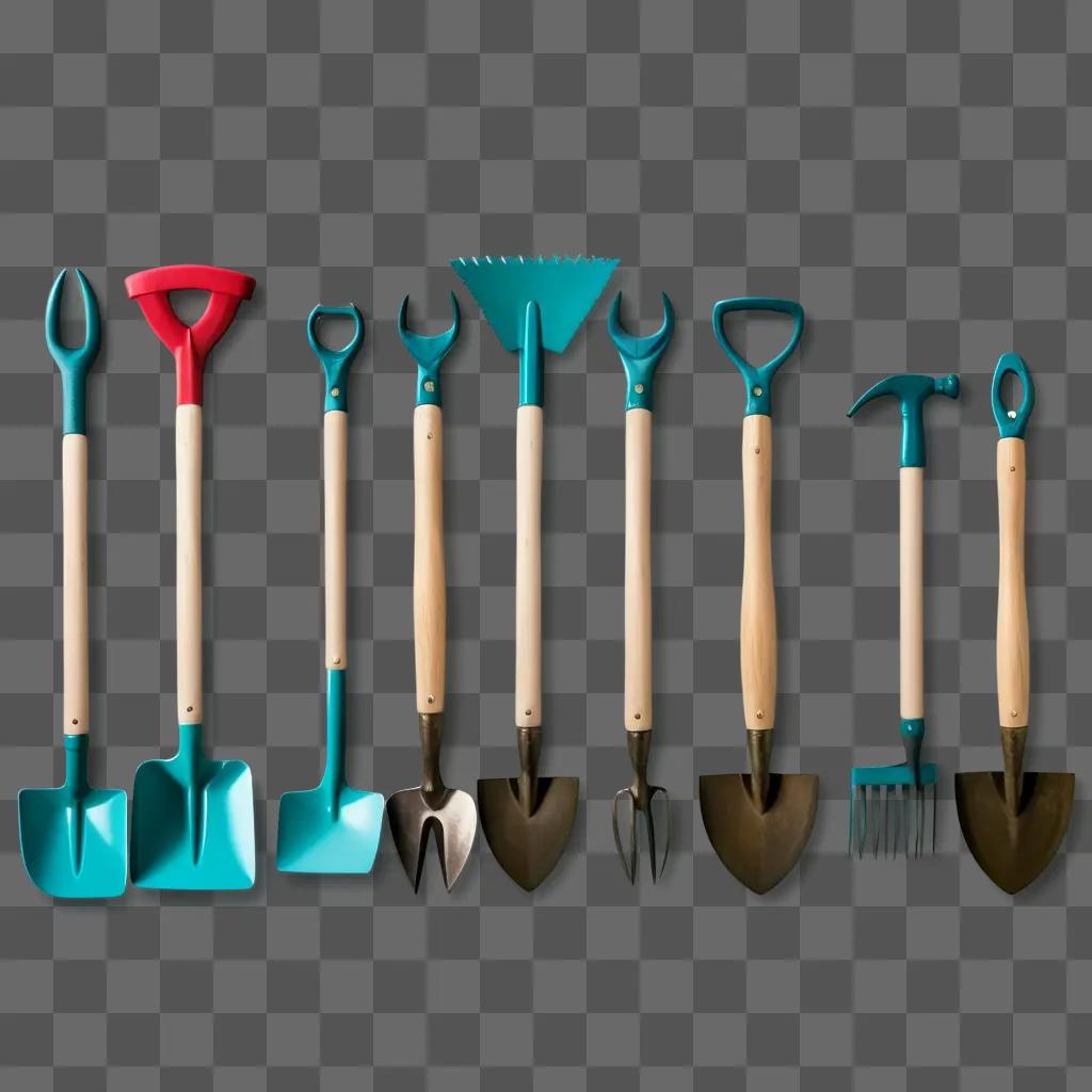 Seven garden tools, some blue, some brown