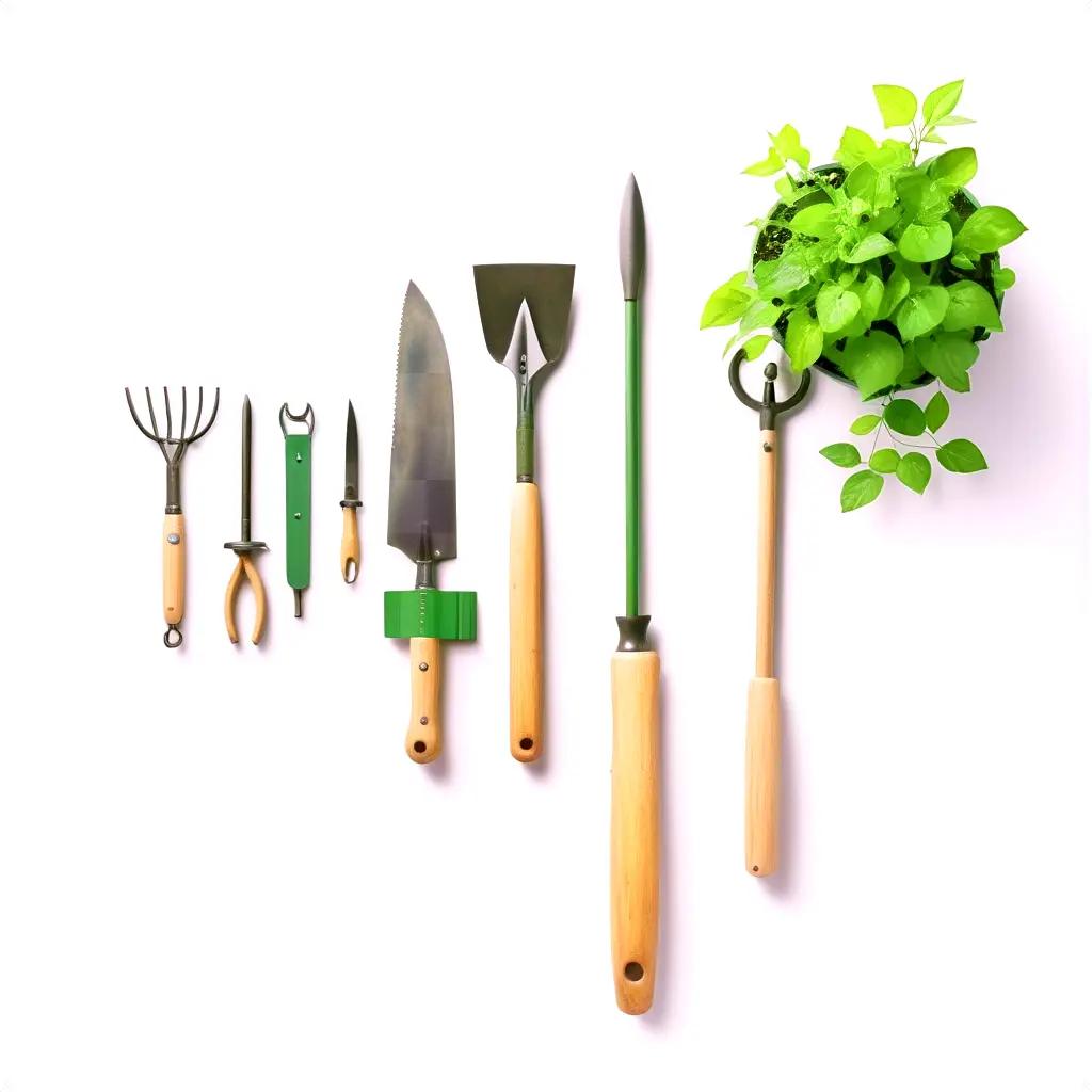 Seven garden tools lined up on a white surface