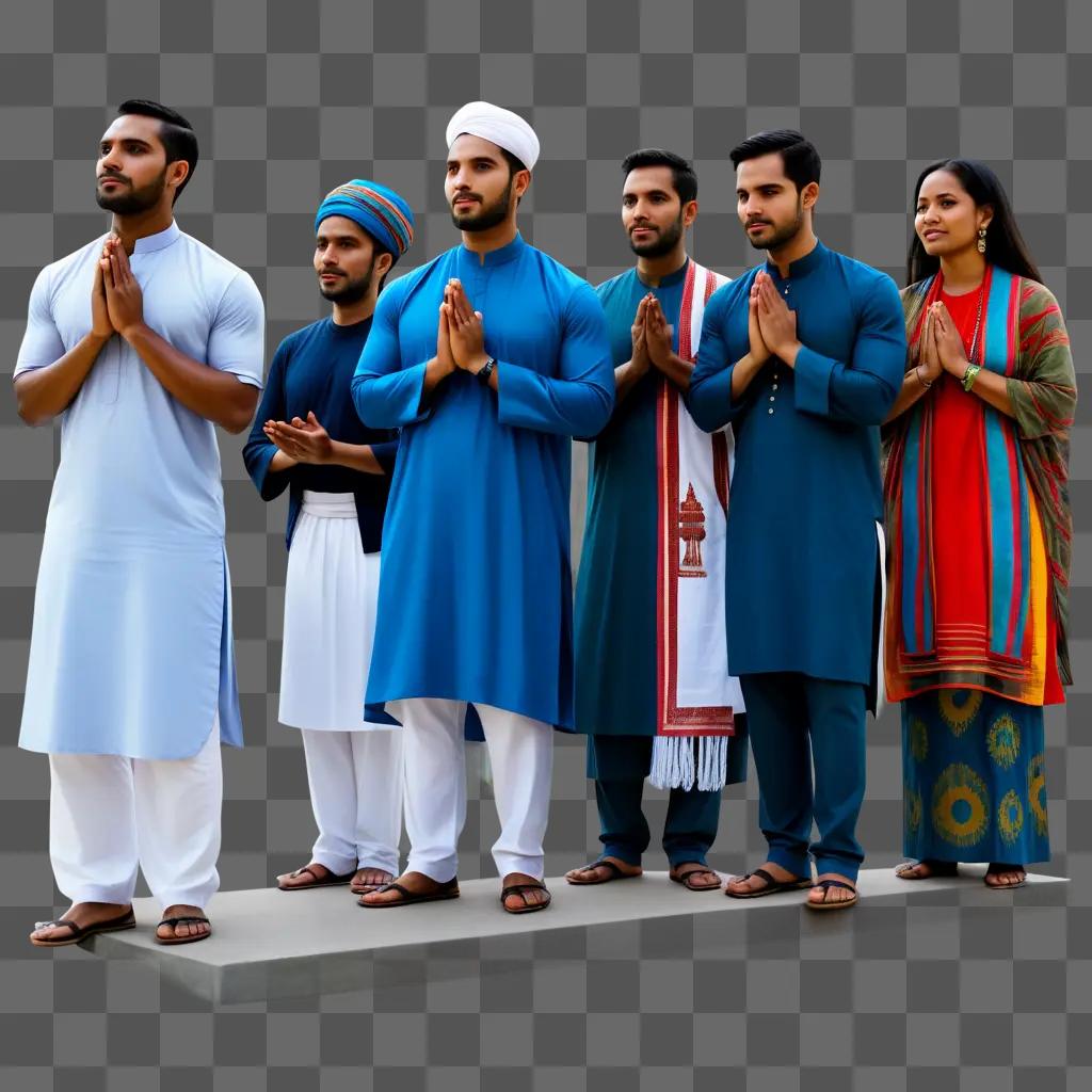 Seven men in traditional clothing praying together