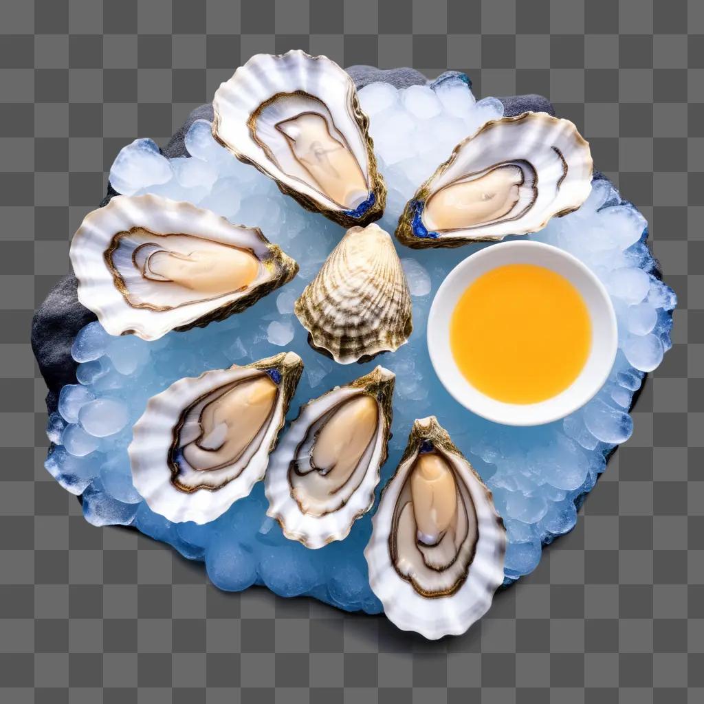 Seven oysters on ice with a cup of sauce