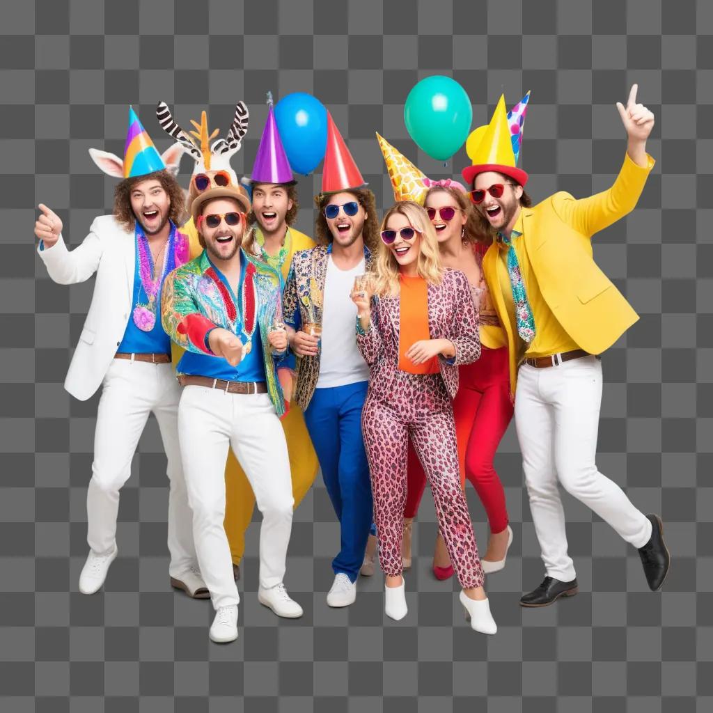 Seven party animals wear party hats and pose for photo