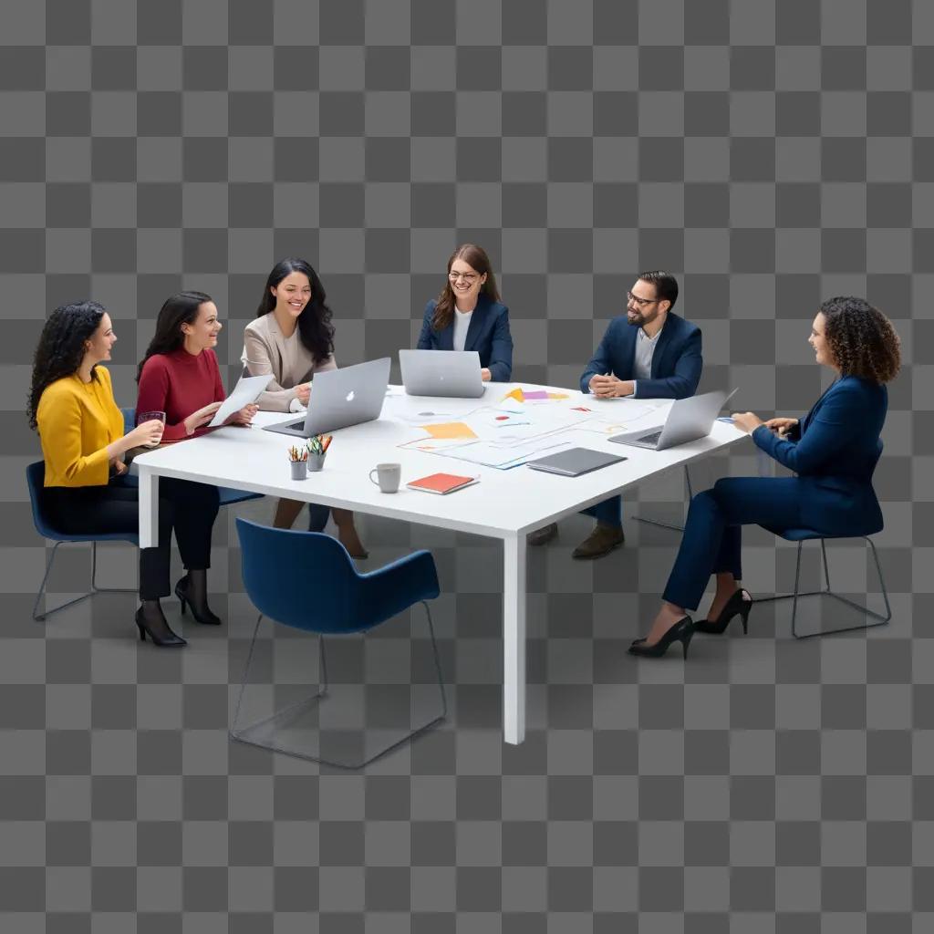 Seven people collaborating at a white table