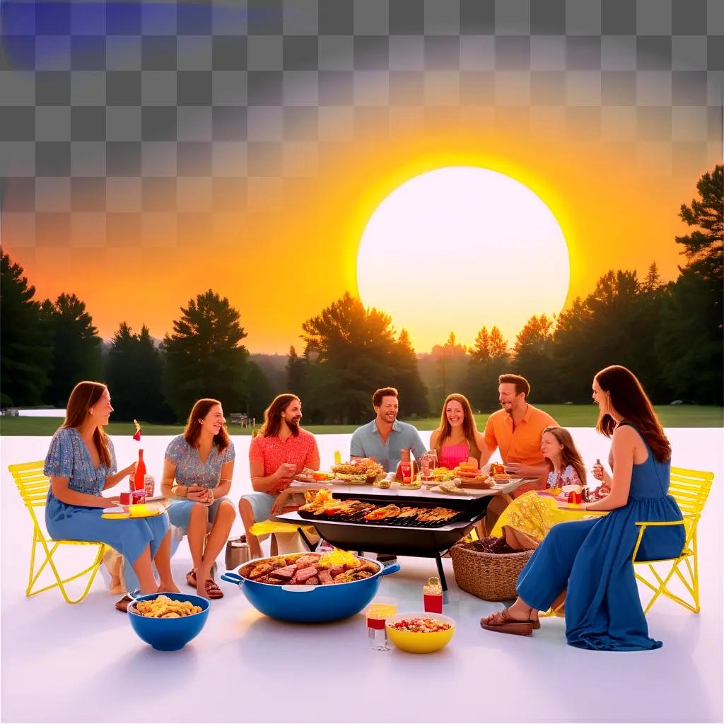 Seven people enjoying a cookout on a sunny day