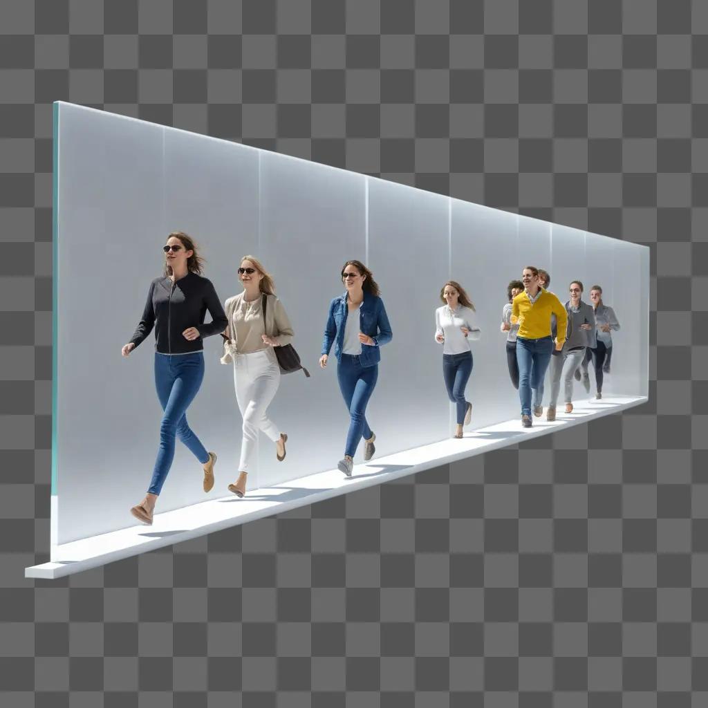 Seven people running in a line on a transparent wall