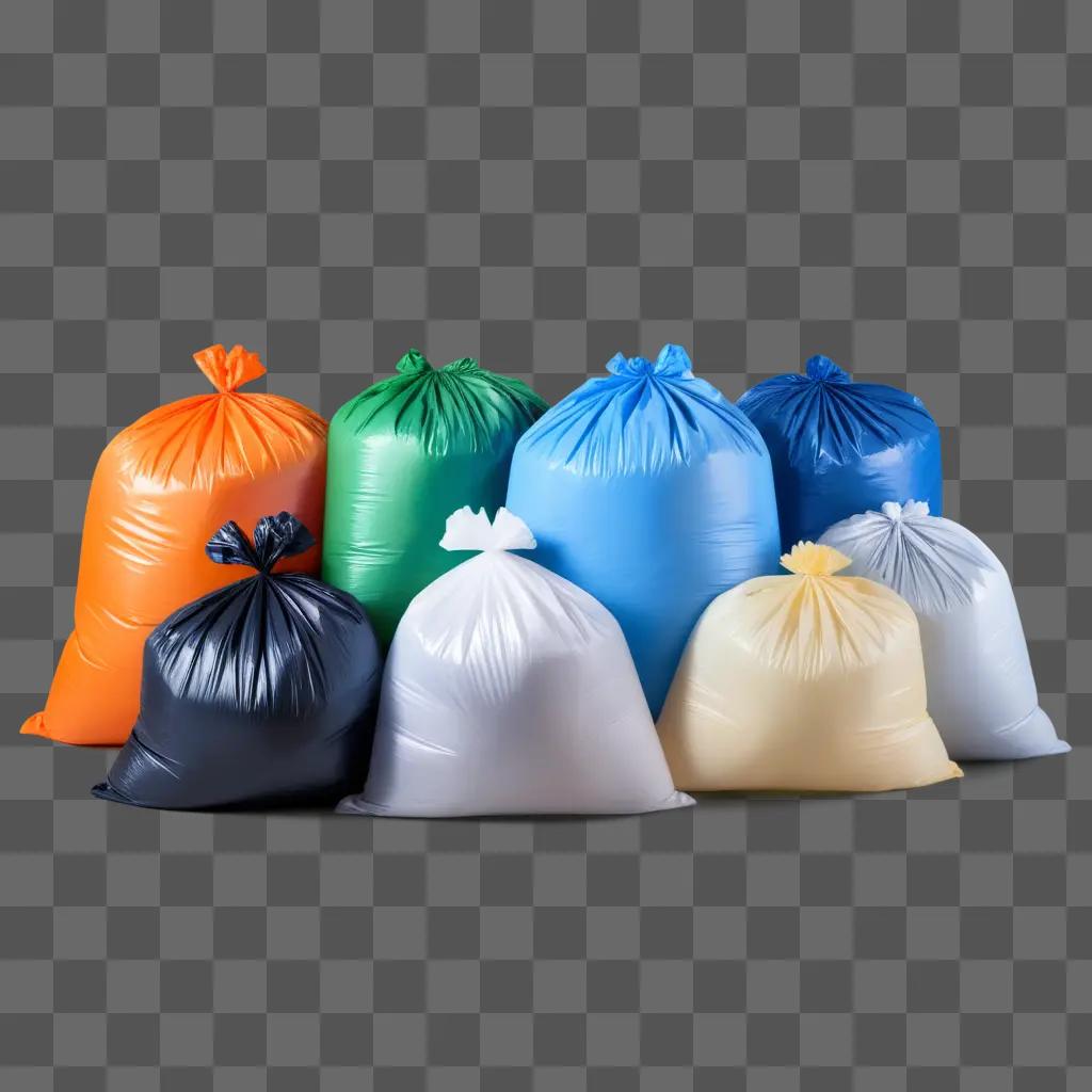 灰色の背景に異なる色の7つのゴミ袋