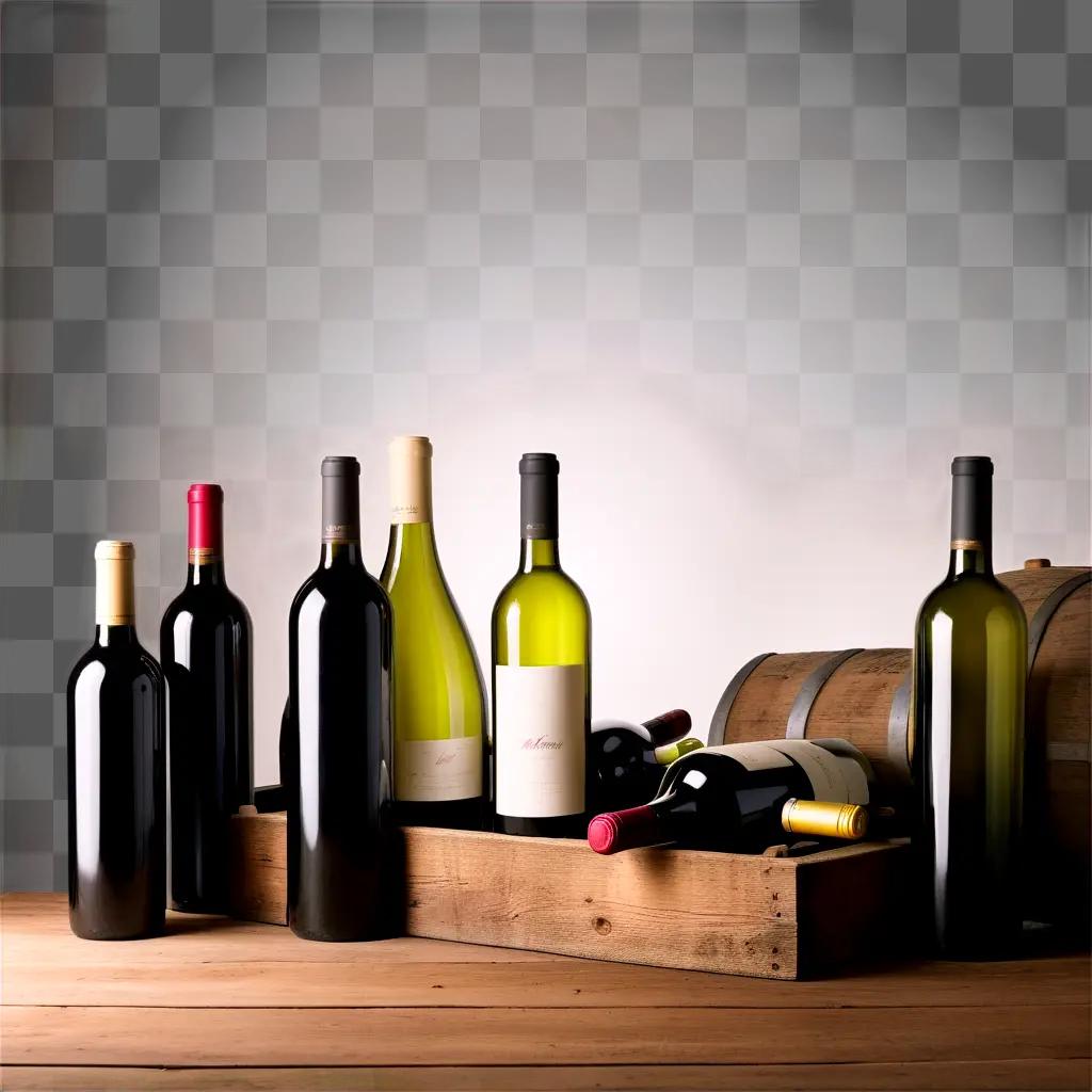 Seven wine bottles on a wooden table