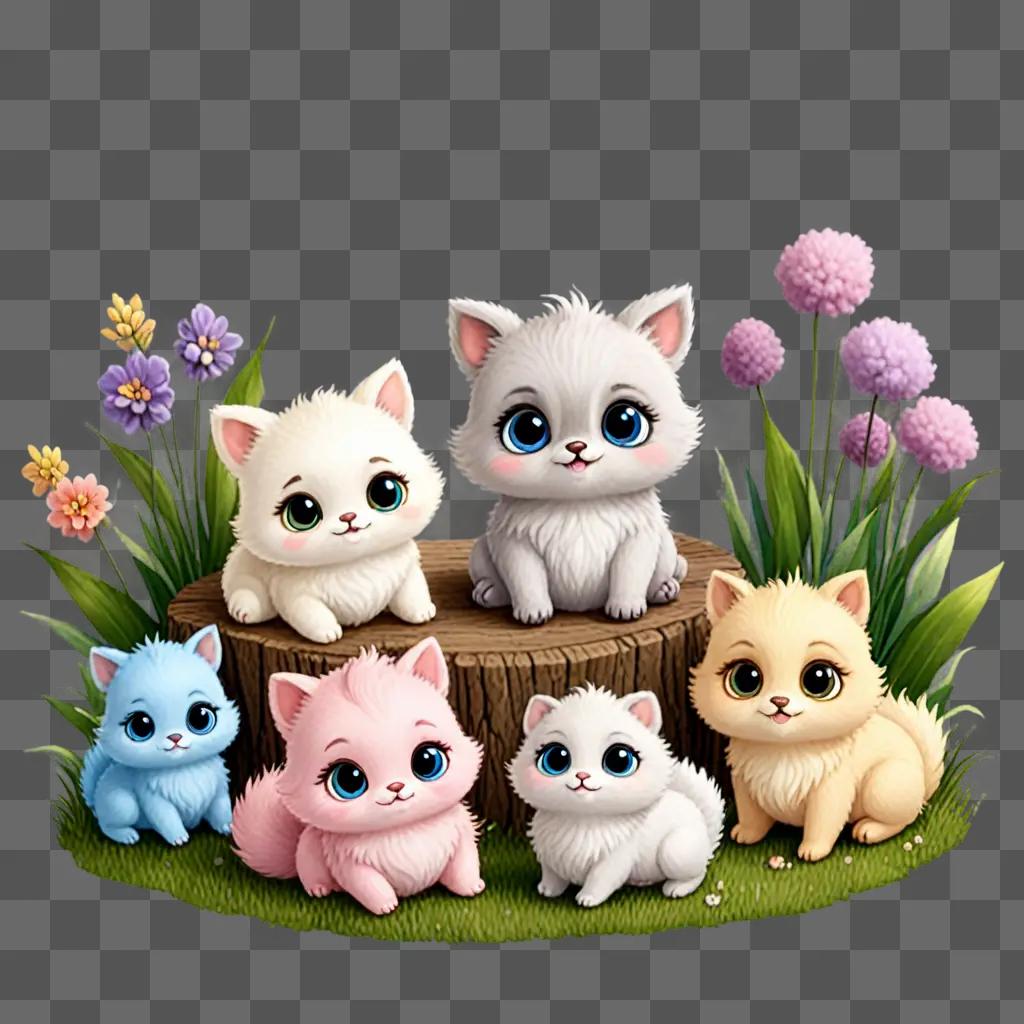 Several adorable cats sitting on a stump