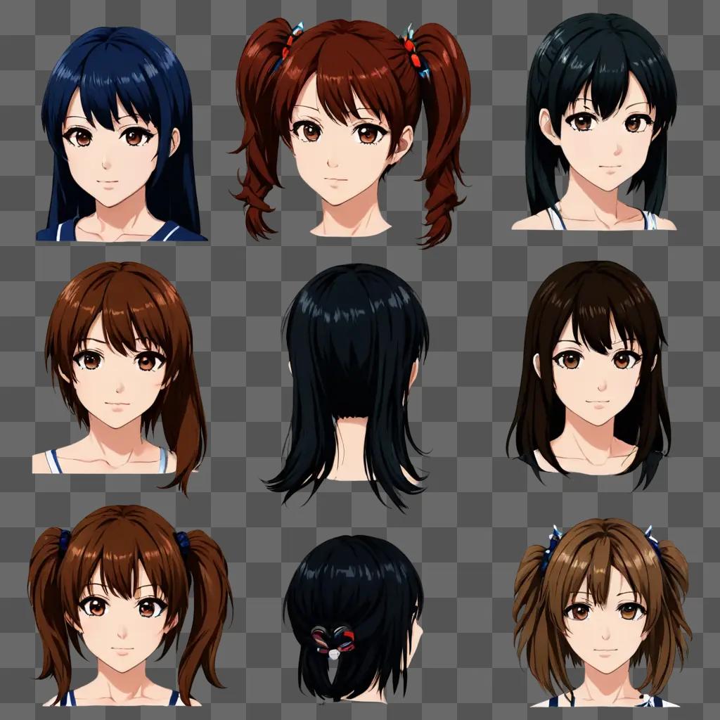 Several anime girl hairstyles in a grid