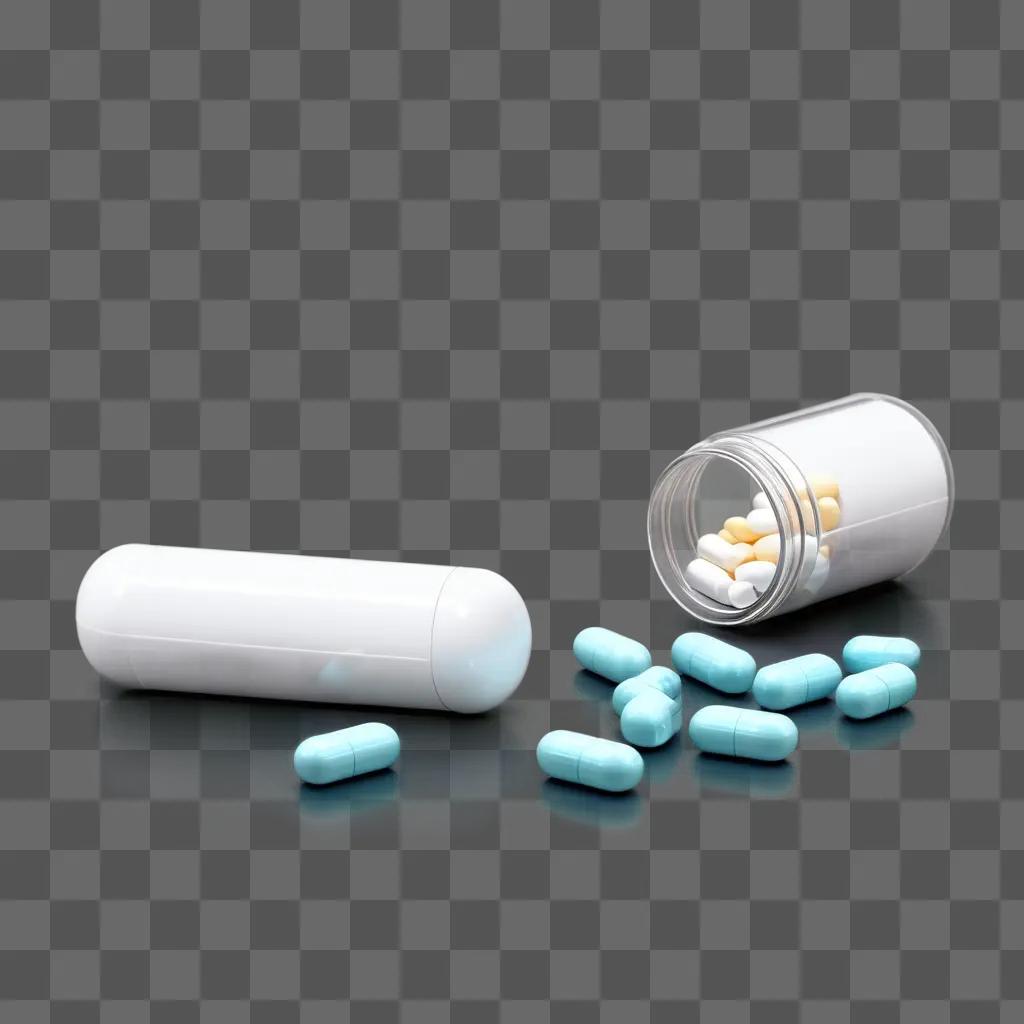 Several blue pills sit in a glass bottle on a grey surface