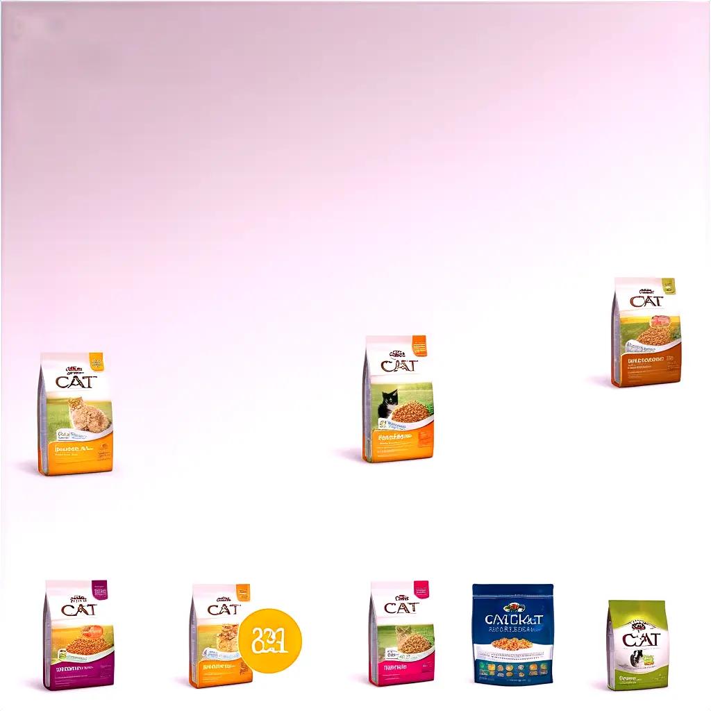 Several cat food bags are displayed on a pink background