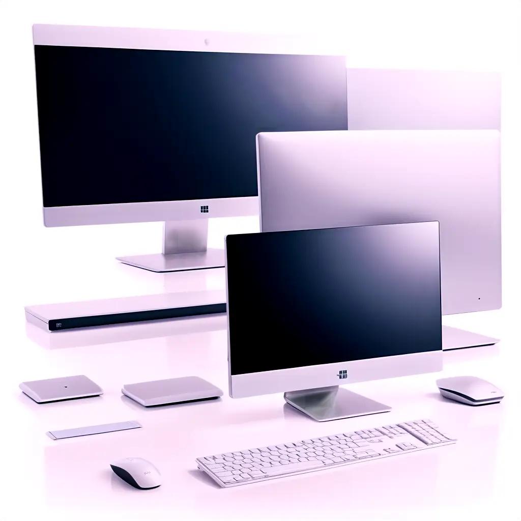 Several computer monitors and keyboards on a white surface