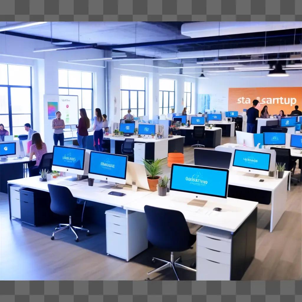 Several desks with computers in a startup office