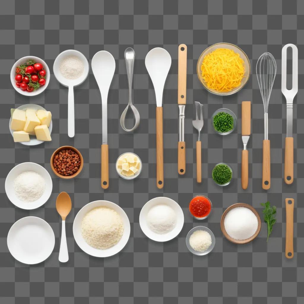 Several kitchen utensils and ingredients for a recipe