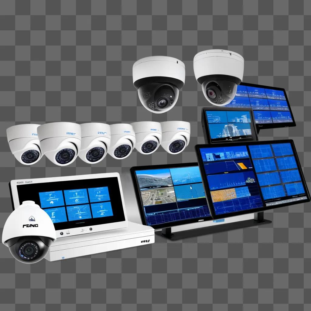 Several monitors and cameras with a blue background