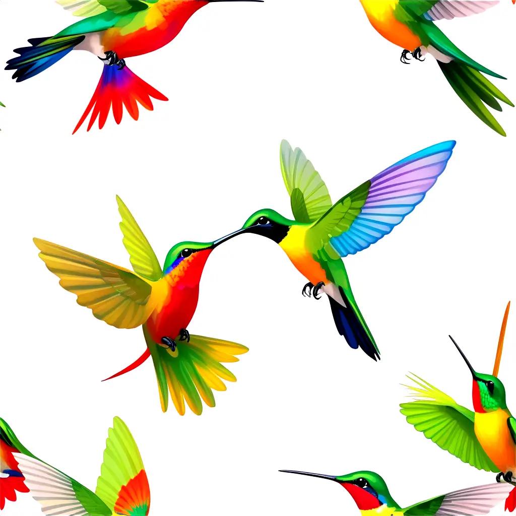 Several multicolored birds are flying together