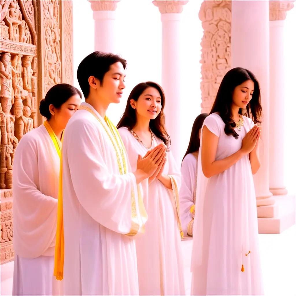 Several people praying in a temple