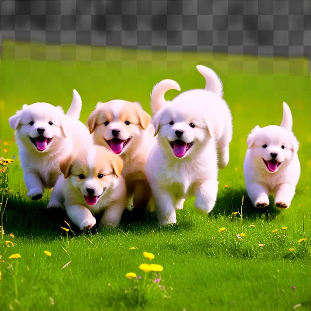 Several puppies running in a field