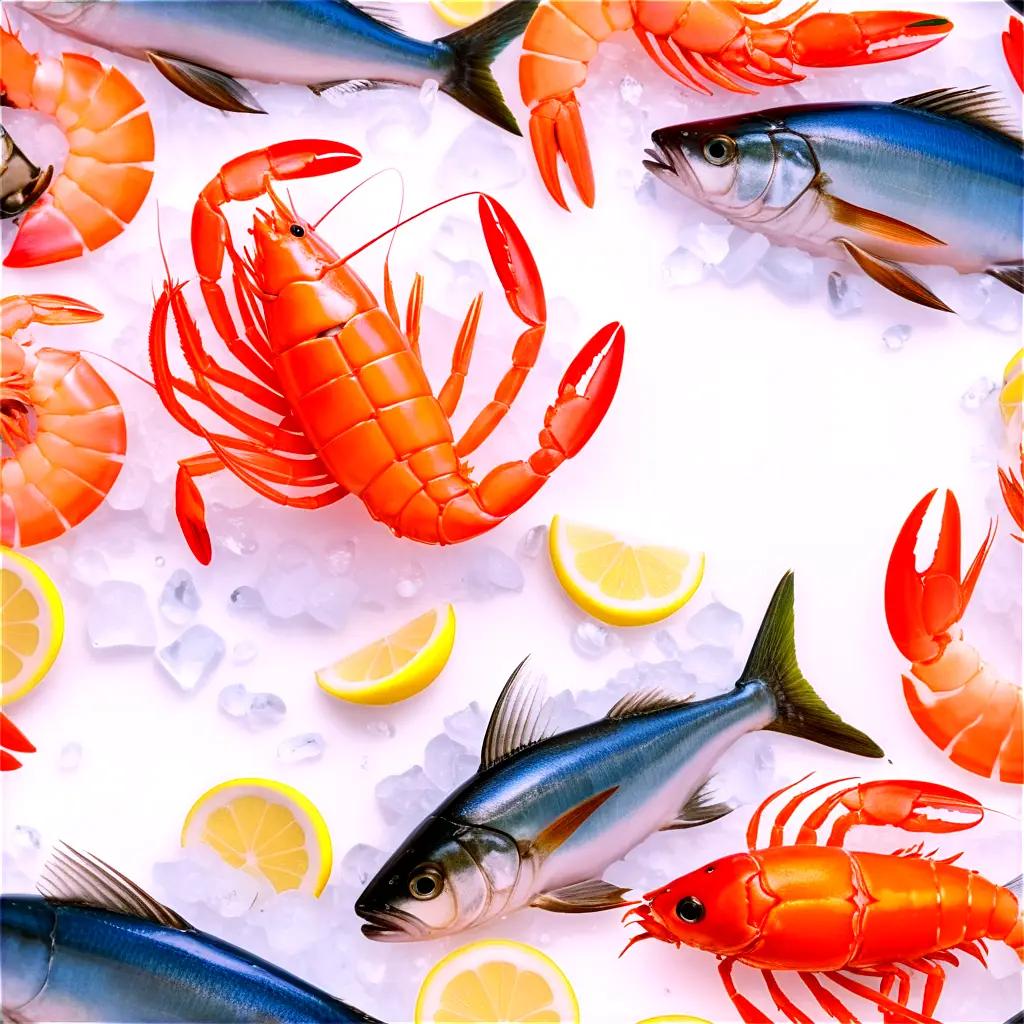 Several seafood displayed on ice with lemon slices