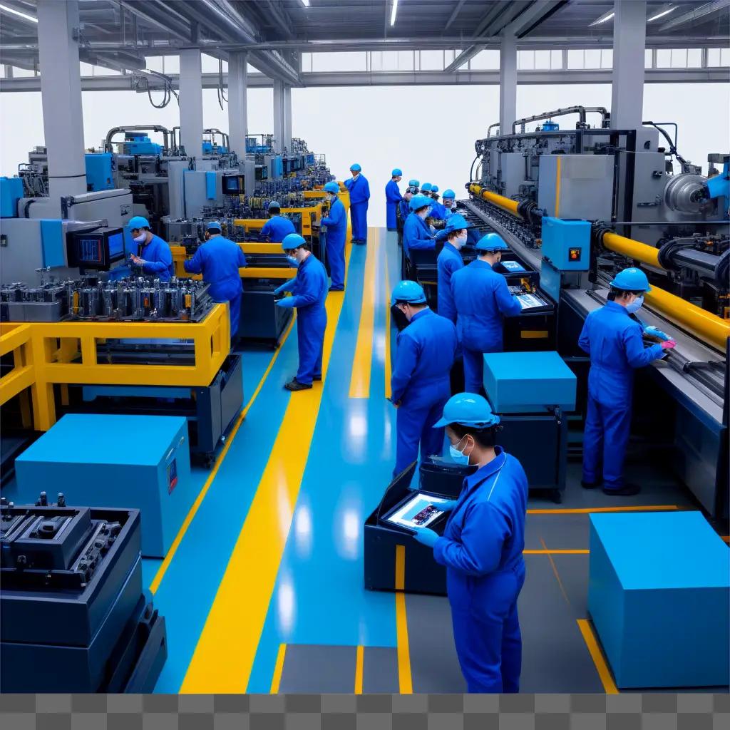 Several workers in blue uniforms working in a factory