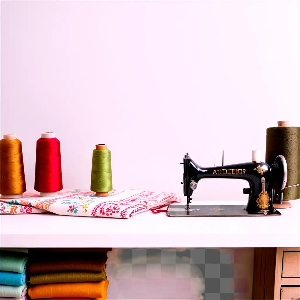 Sewing machine on a shelf with threads and fabric