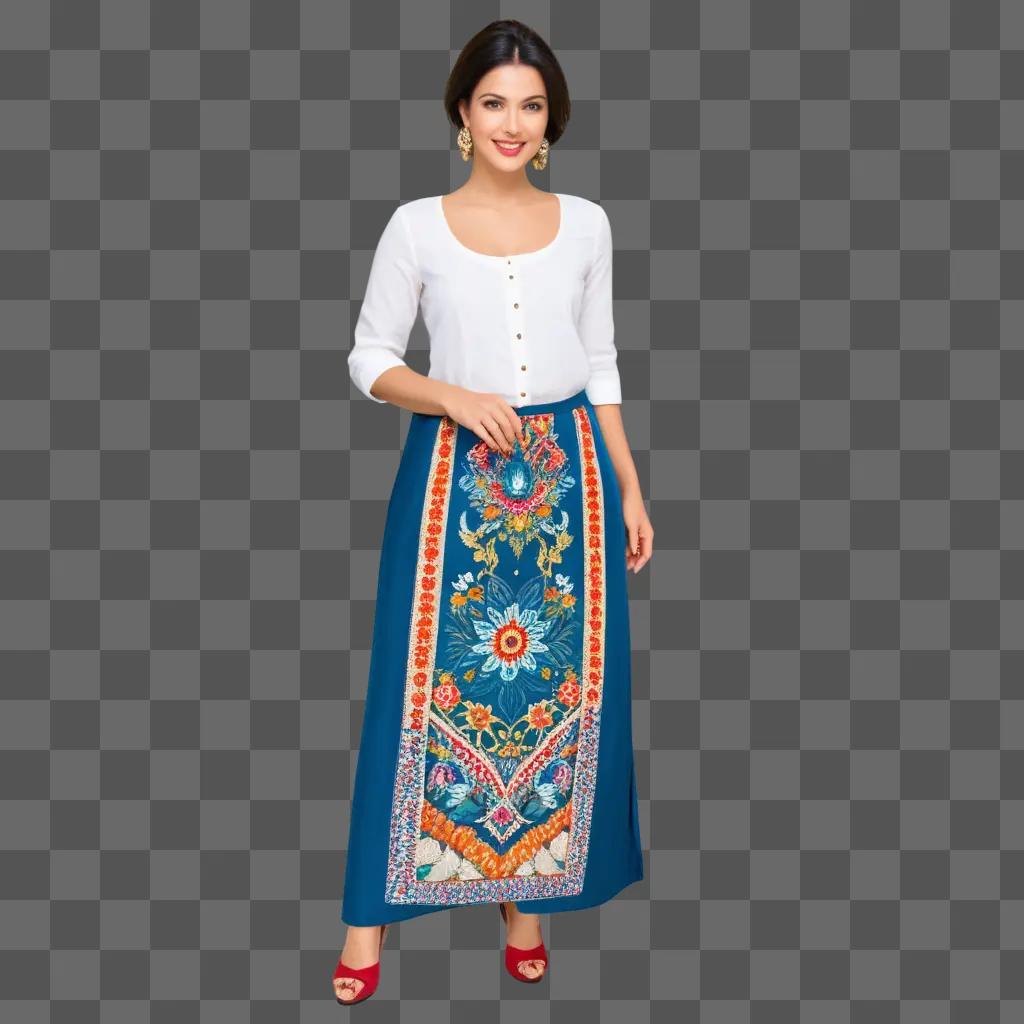 Sewn floral skirt, woman in white, red shoes