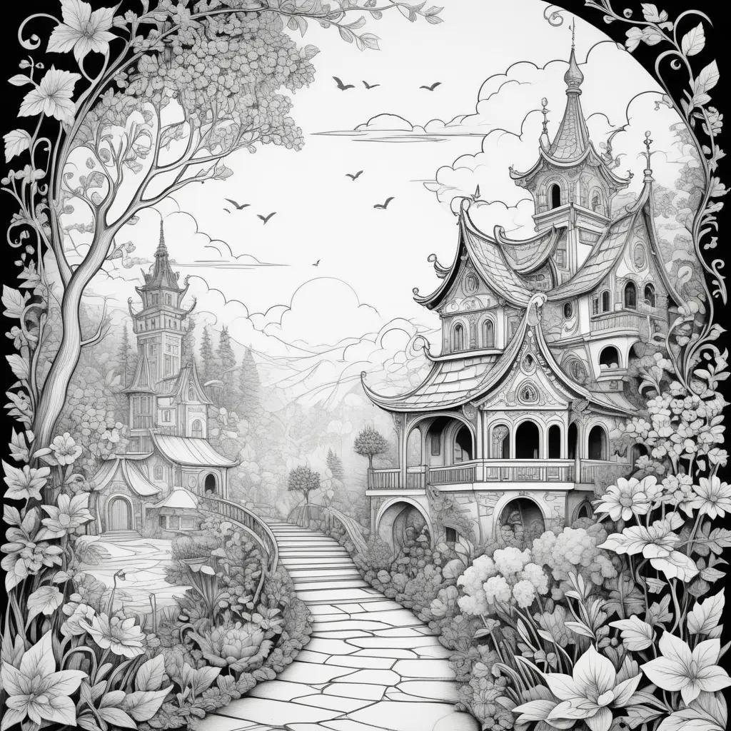 Shadow color page, black and white illustration of a park scene