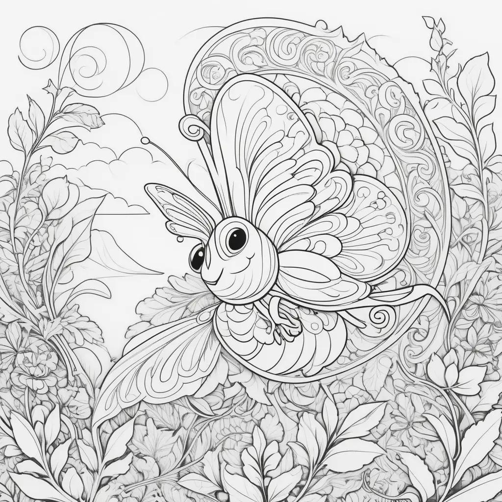 Shadow coloring pages featuring a butterfly and floral designs