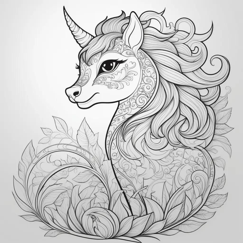 Shadow coloring pages featuring a whimsical unicorn with a flower design