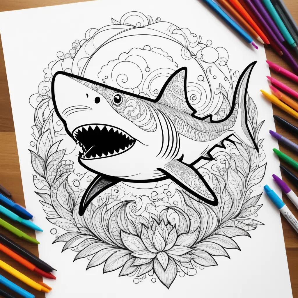 Shark coloring page with colorful pencils and markers