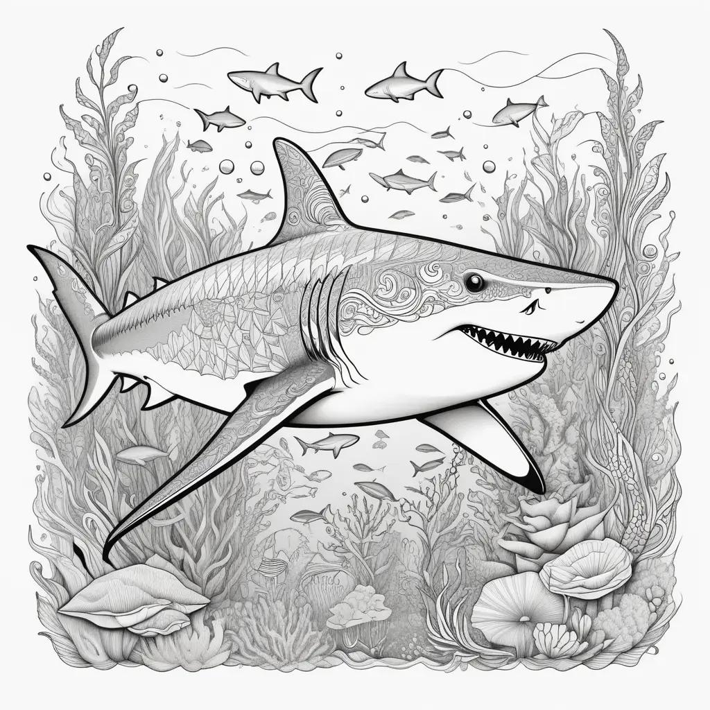 Shark coloring page with coral, seaweed and fish