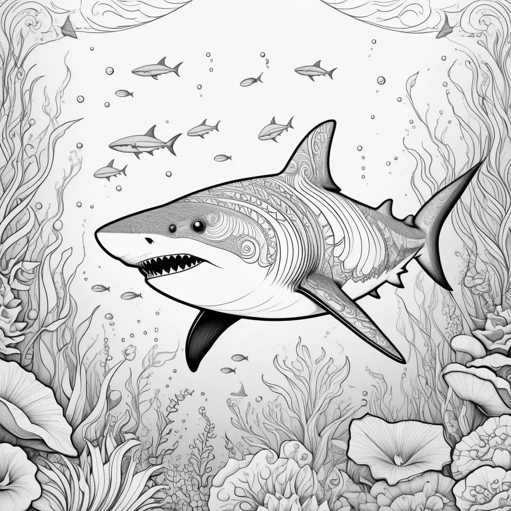 Shark coloring page with coral and seaweed