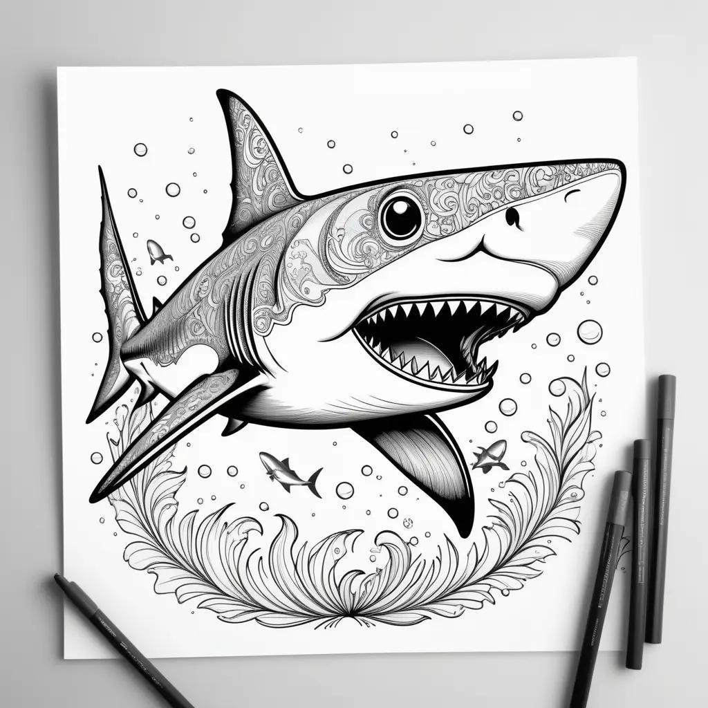 サメのぬりえ:サメの白黒デザインと円