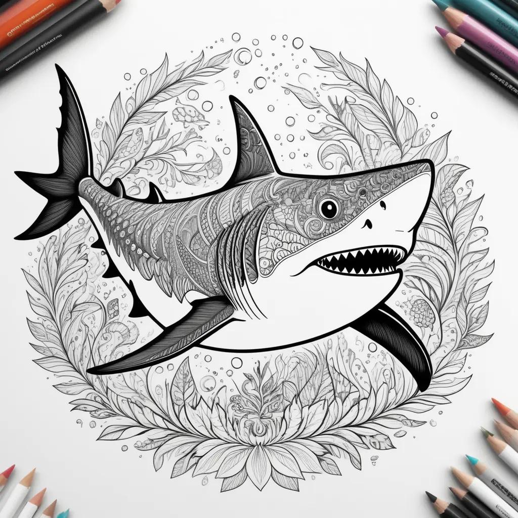 黒と白のデザインが特徴のサメのぬりえ