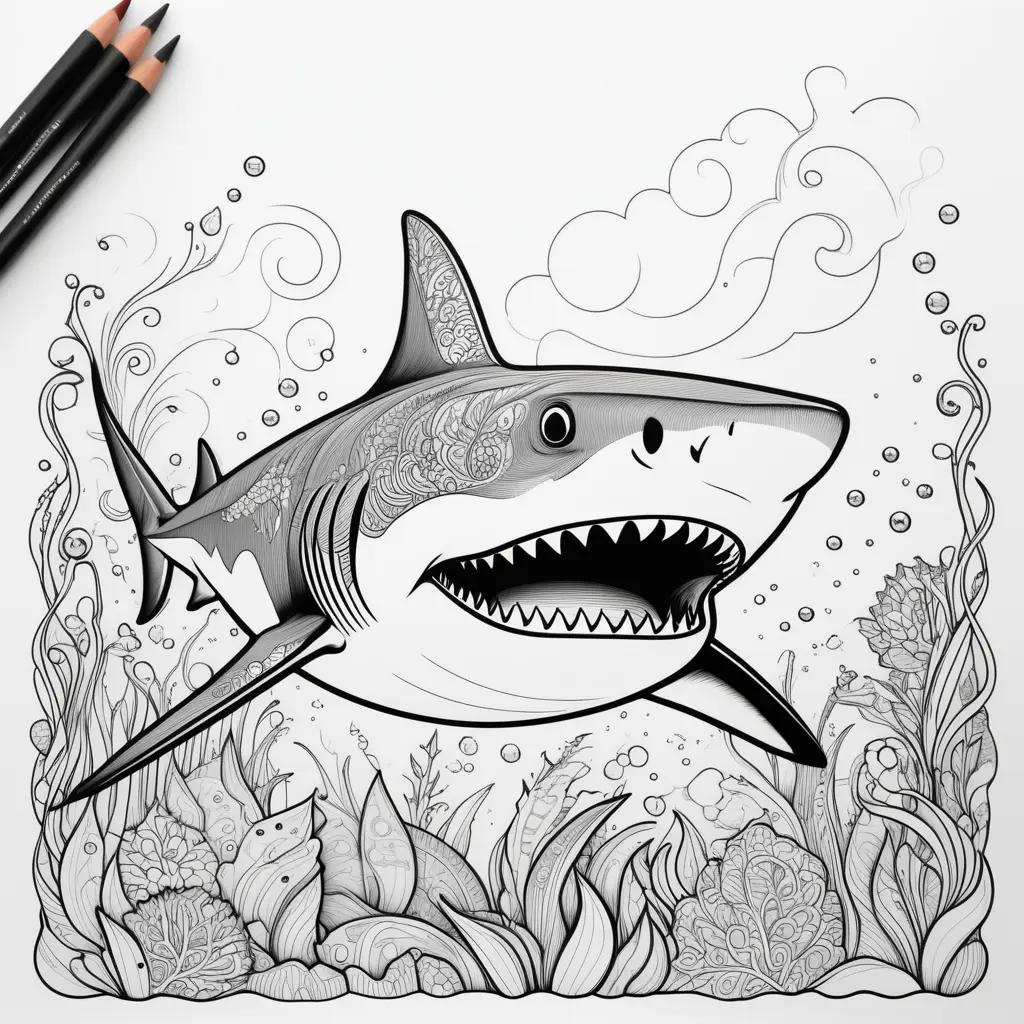 Shark coloring pages featuring a black and white illustration of a shark in the ocean