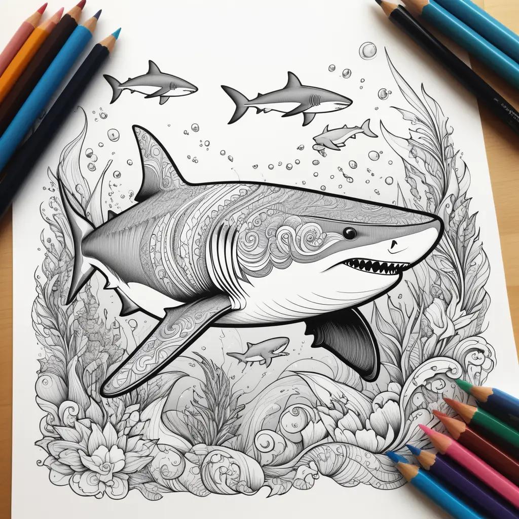 Shark coloring pages in a sea of color