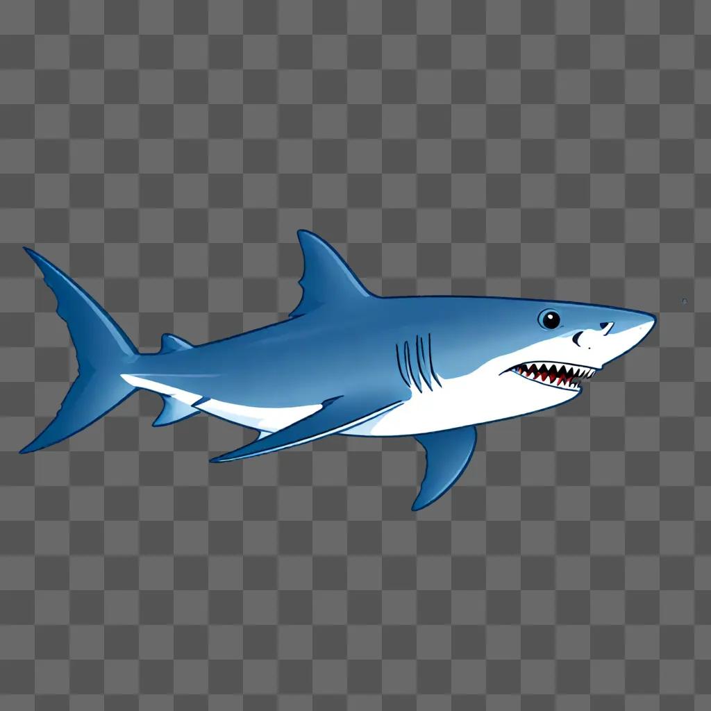 Shark with open mouth and teeth on blue background