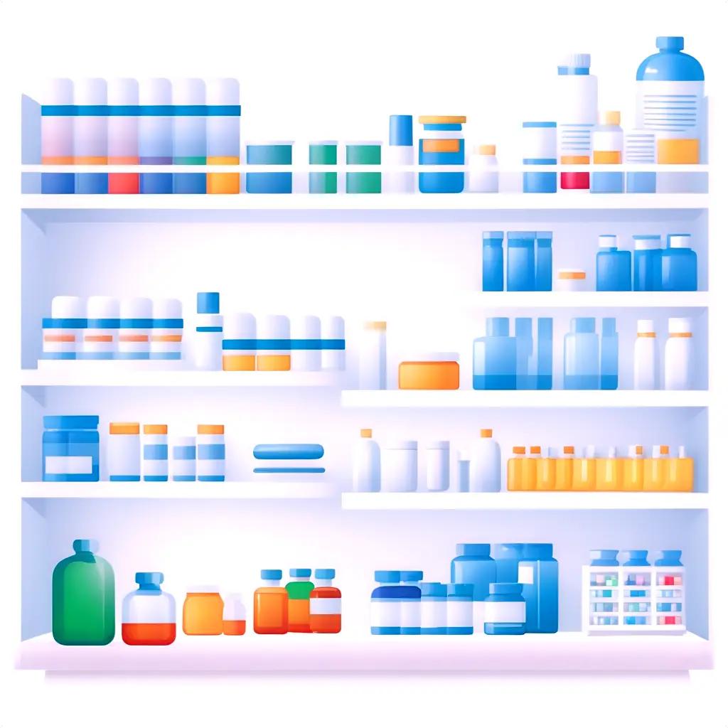 Shelf full of colorful medicine bottles in pharmacy clipart