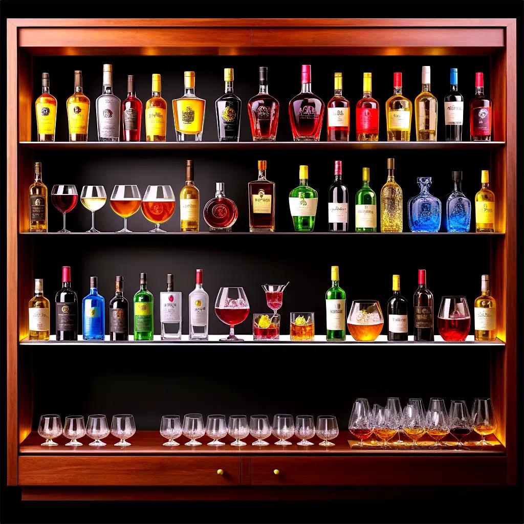 Shelf of bottles and glasses filled with alcohol