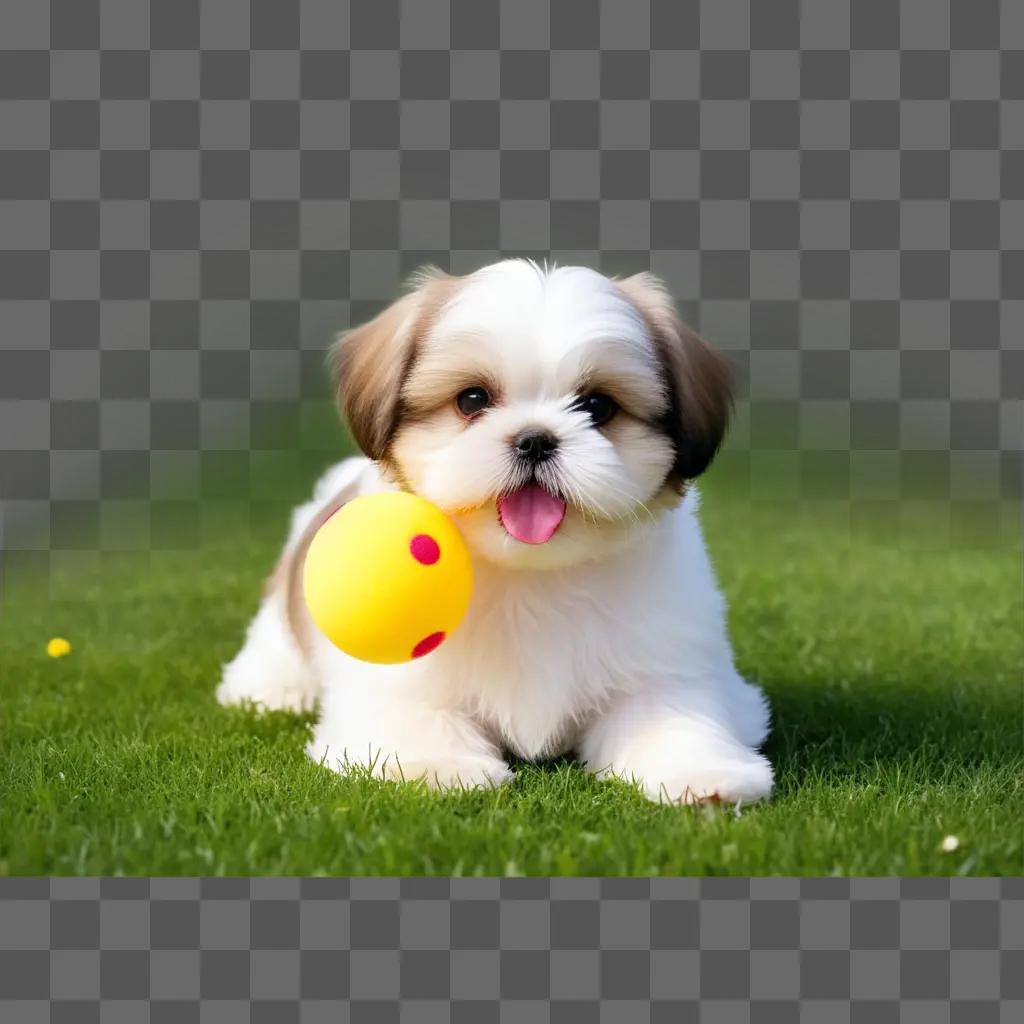 Shih Tzu dog plays with a ball in a grassy field