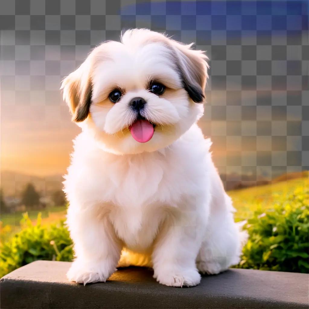 Shih Tzu dog with a tongue out on a cement surface