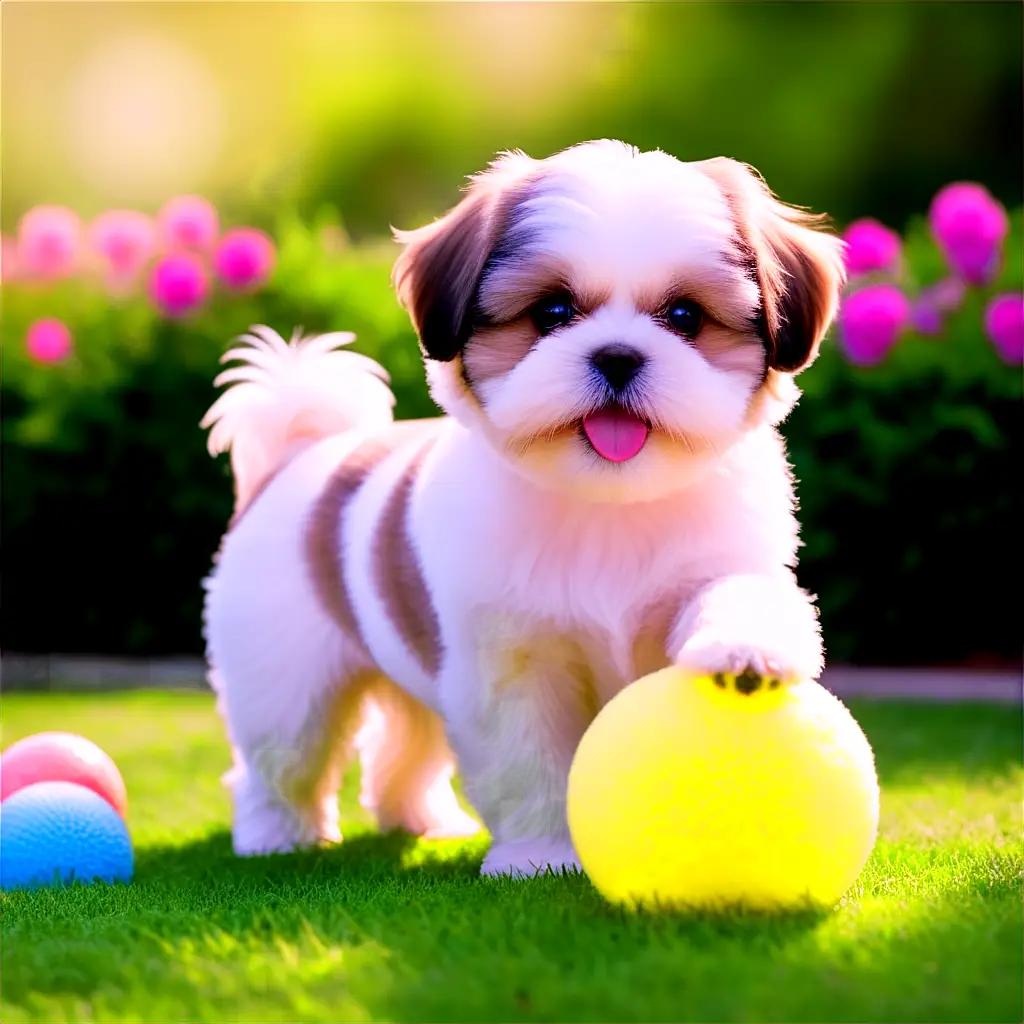 シーズーは芝生の上でカラフルなボールで遊ぶ