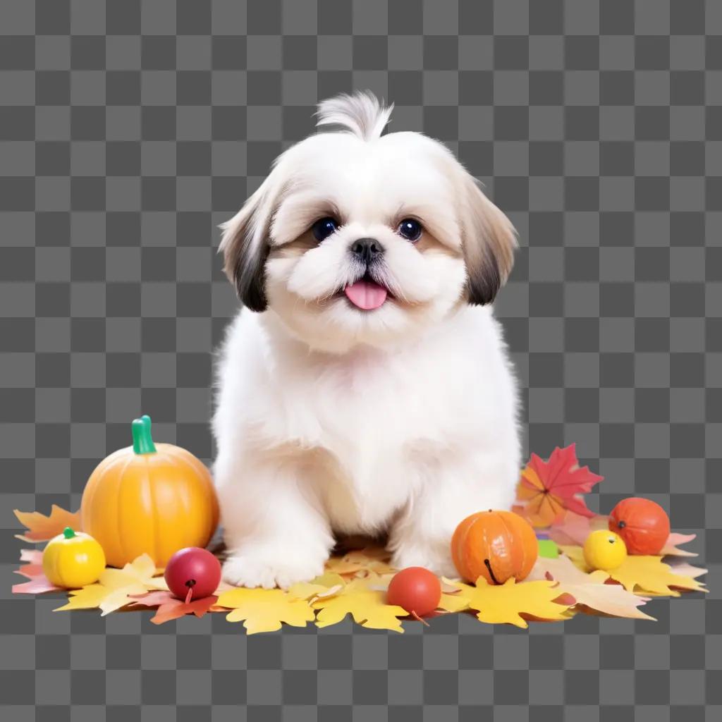 Shih Tzu sits among autumn leaves