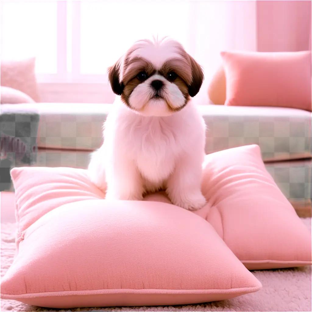 Shih Tzu sits on pink pillow in bedroom