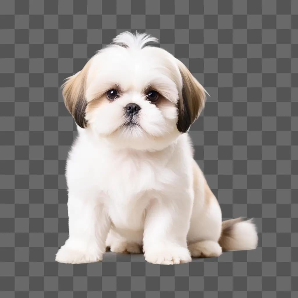 Shih tzu dog sits on floor in front of white background