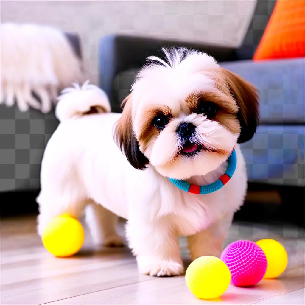 Shih tzu dog with colorful toys and colorful collar